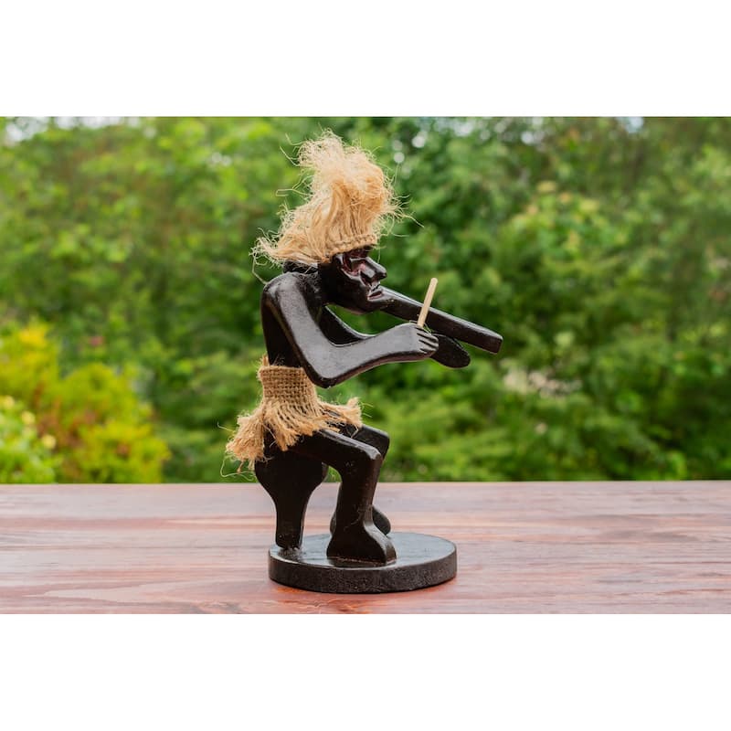 Handmade Wooden Primitive Tribal Playing Violin Funny Statue Sculpture Tiki Bar Handcrafted Unique Gift Home Decor Figurine