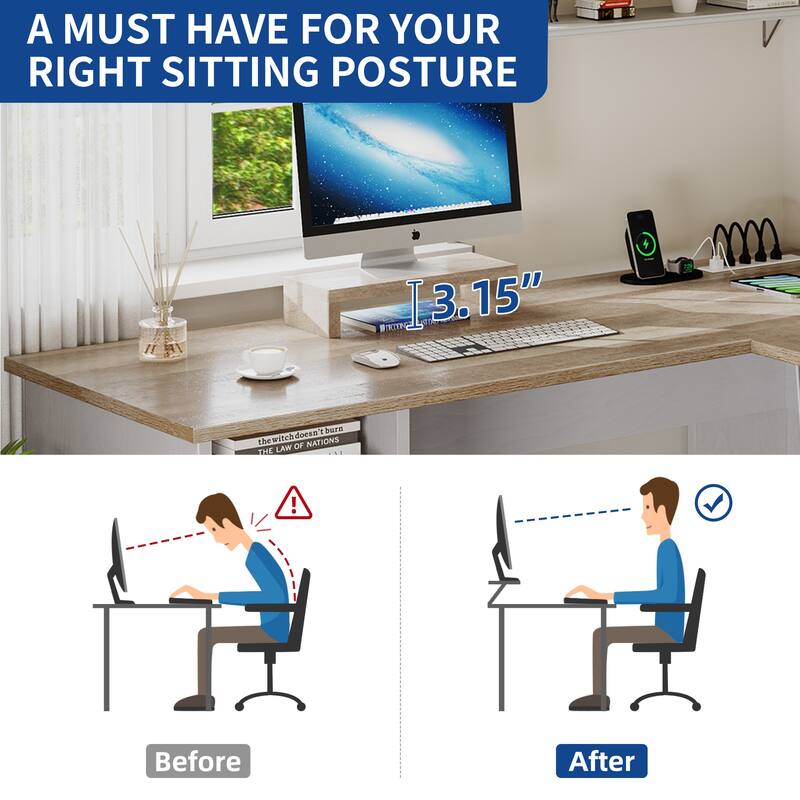 Moasis 59-inch Computer L-shaped Desk with Monitor Stand and Cabinet, Executive Desk w/Power Outlets