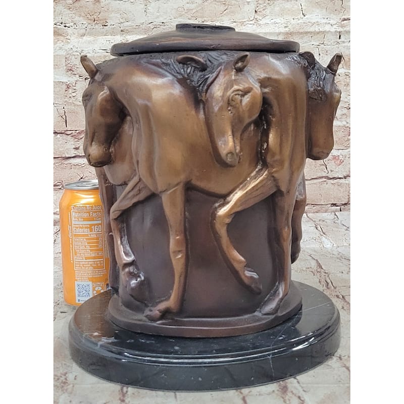 Bronze Imitative Horse Relief Sculpture Vase – Equestrian Art Urn With Imitative Horse Figures On Marble Base