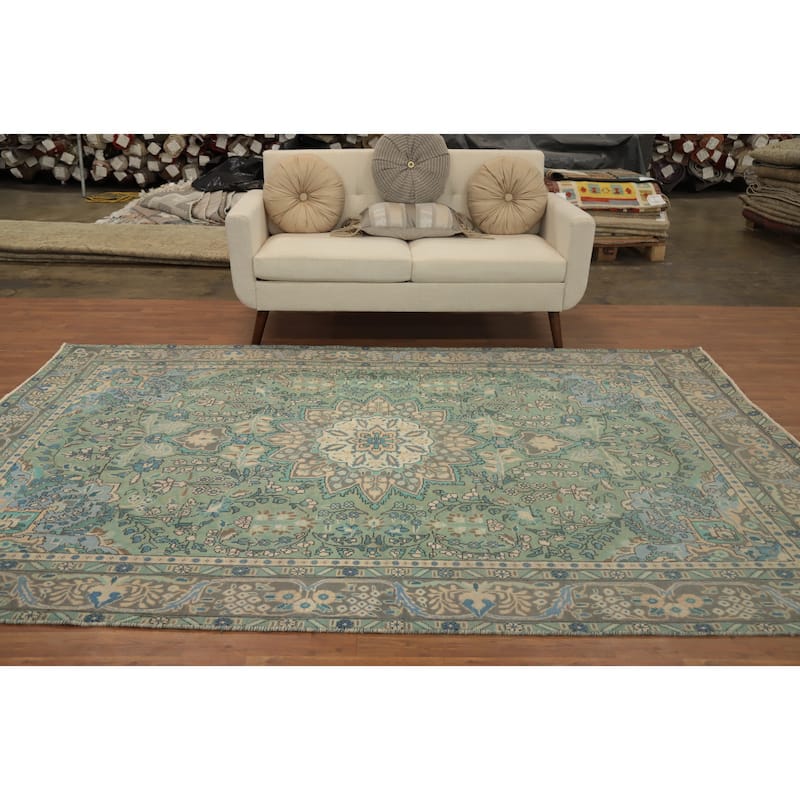 Hand Knotted Oriental 100% Wool Carpet Traditional Floral Green Tabriz Area Rug - 9' 8'' X 6' 7''