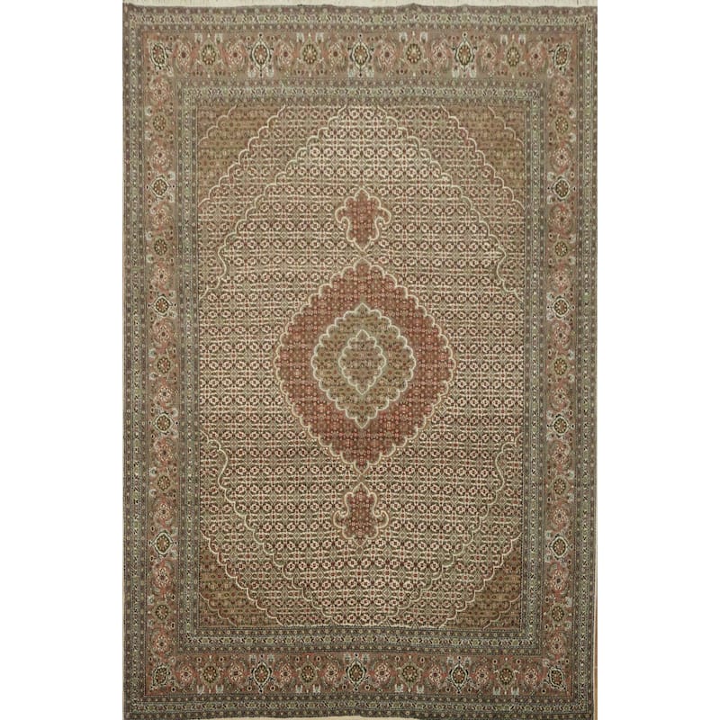 Hand Knotted Oriental 100% Wool Carpet Traditional Geometric Beige & Ivories Tabriz-Mahi Area Rug - 6' 5'' X 9' 9''