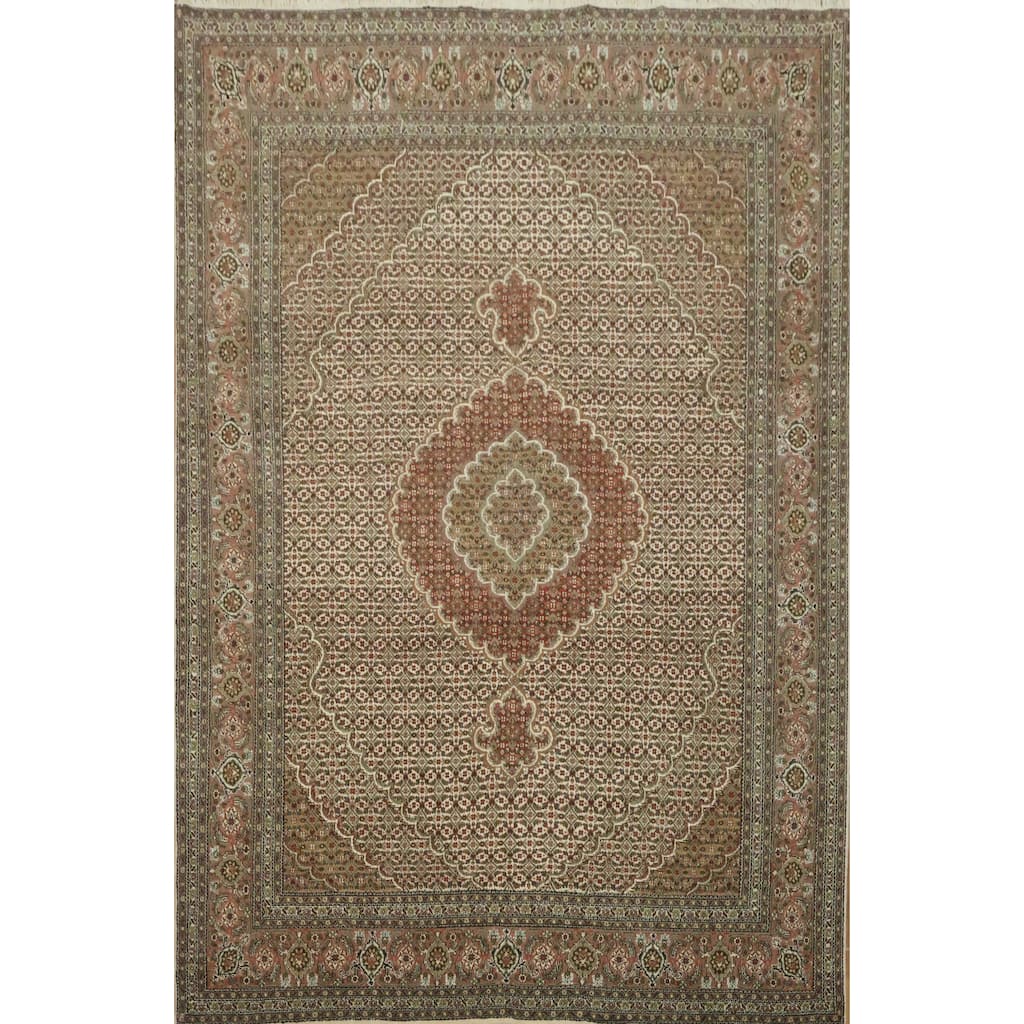Hand Knotted Oriental 100% Wool Carpet Traditional Geometric Beige & Ivories Tabriz-Mahi Area Rug - 6' 5'' X 9' 9''