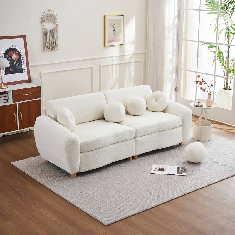 2-seater Loveseat Couch with 5 Toss Pillows and Solid Wood Legs, Chenille Upholstered Sectional Sofa, Easy Assembly,White
