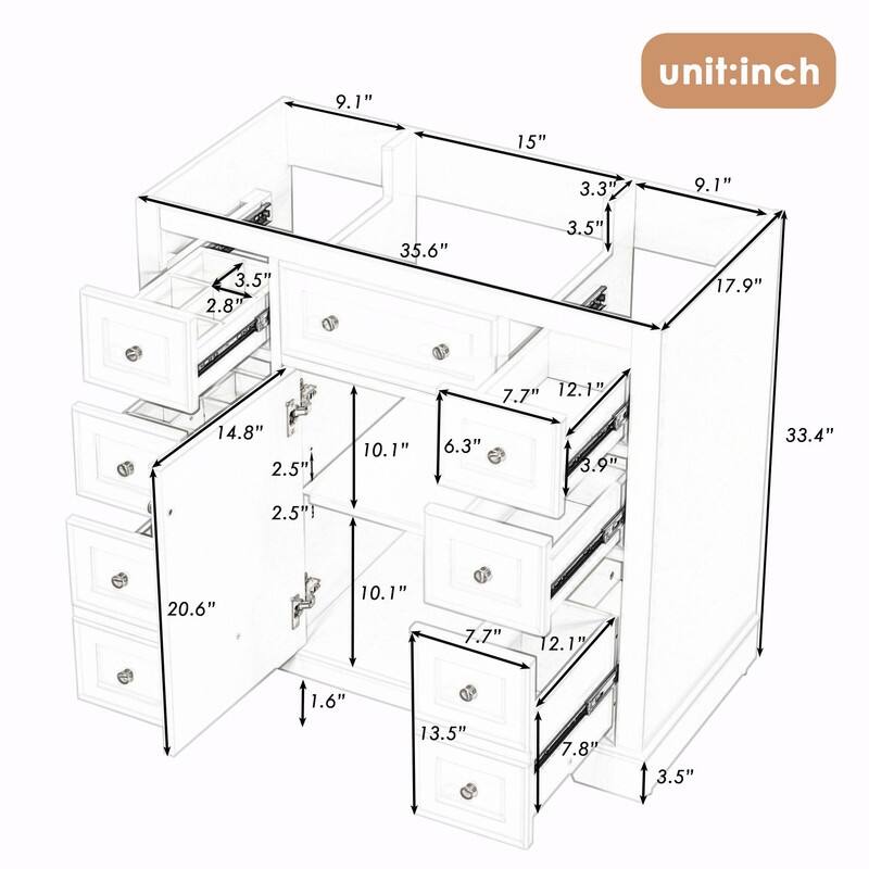 36" Bathroom Vanity with Sink Combo: Cabinet, Six Drawers