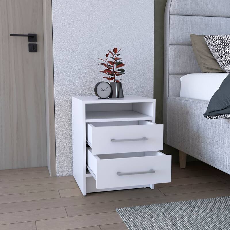 Modern Black Two-Drawer Nightstand with Open Shelf, Versatile Storage Cabinet for Bedroom and Living Room
