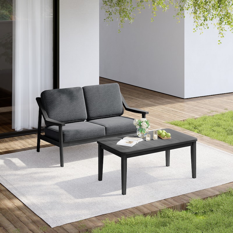 Outdoor Wood Teak Cushioned Patio 2 Seater Loveseat with Coffee Table