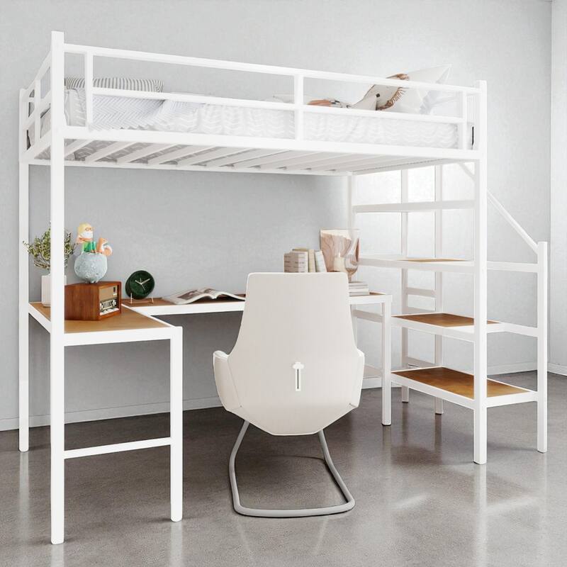 Twin Metal Loft Bed with L-Shaped Desk, Storage Stairs, 360掳 Guardrails, Shelves & Pegboard, Space-Saving Design