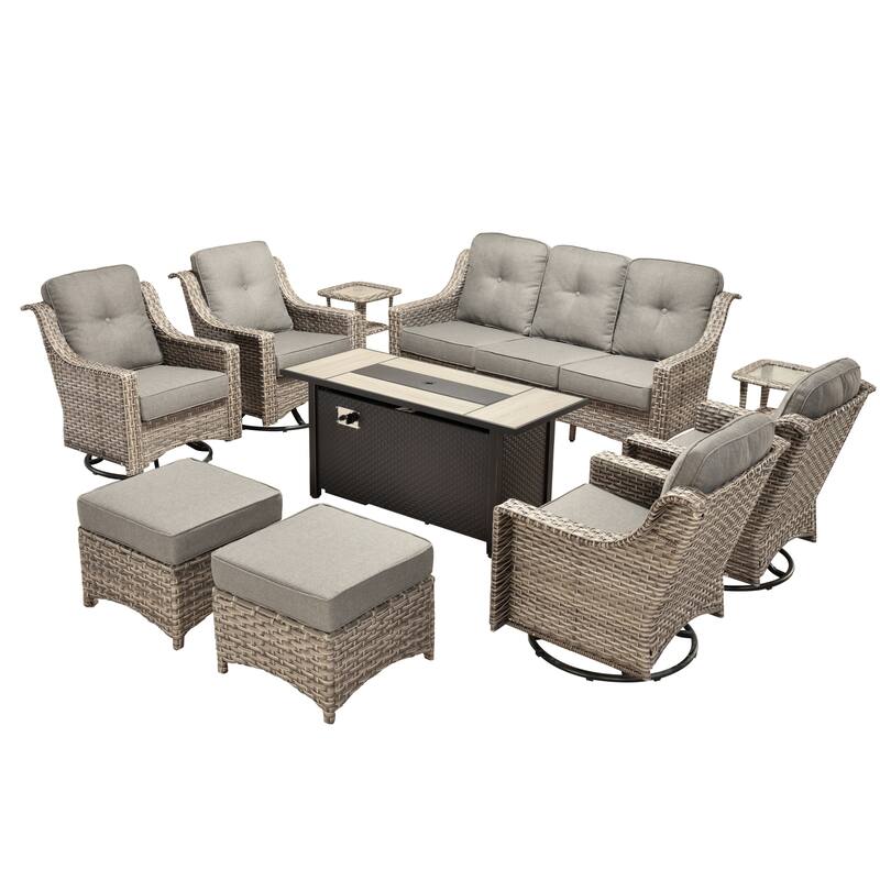 OVIOS 10-piece Patio Wicker Swivel Rocking Chair Set With Fire Pit