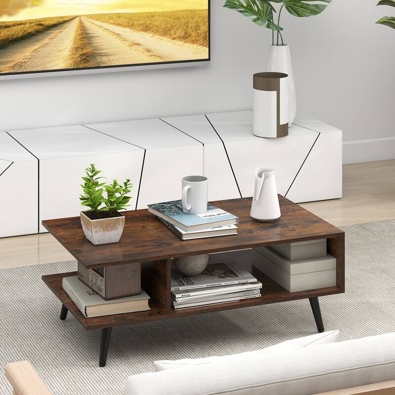 Modern 2-Tier Wood Coffee Table with Open Storage Shelf and 4 Metal Legs for Living Room - 31.5" x 18" x 12"