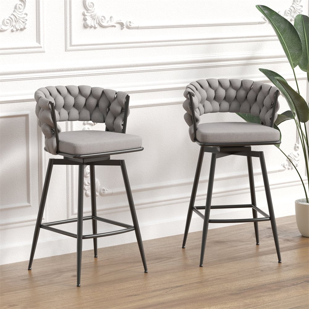 360 Swivel Linen Woven Bar Stool with Back Footrest (Set of 2)