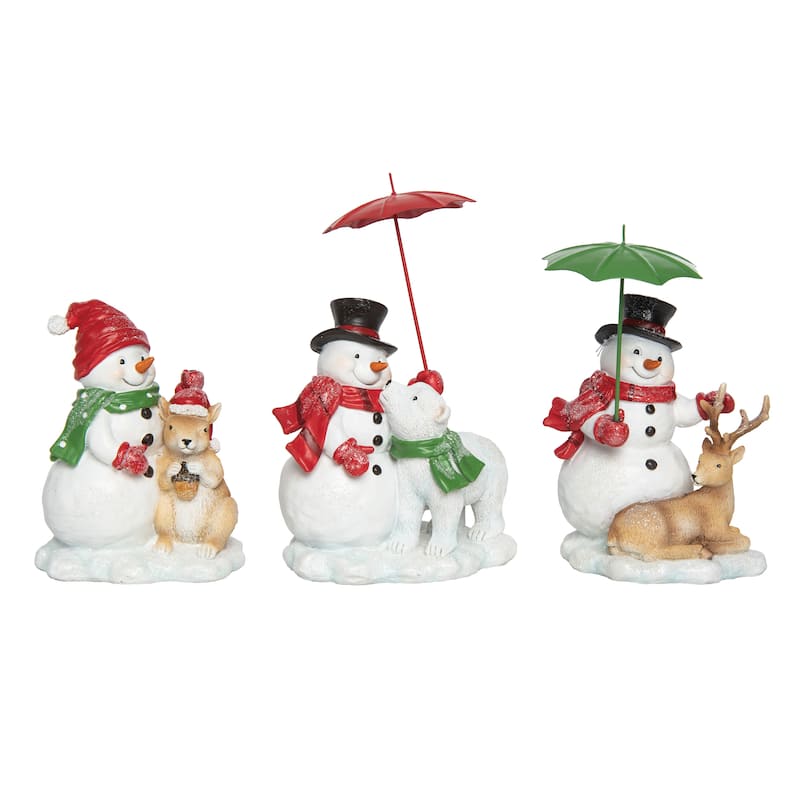 Transpac Small Resin Snowman & Critter Figurine Set of 3 Christmas Home Decorations