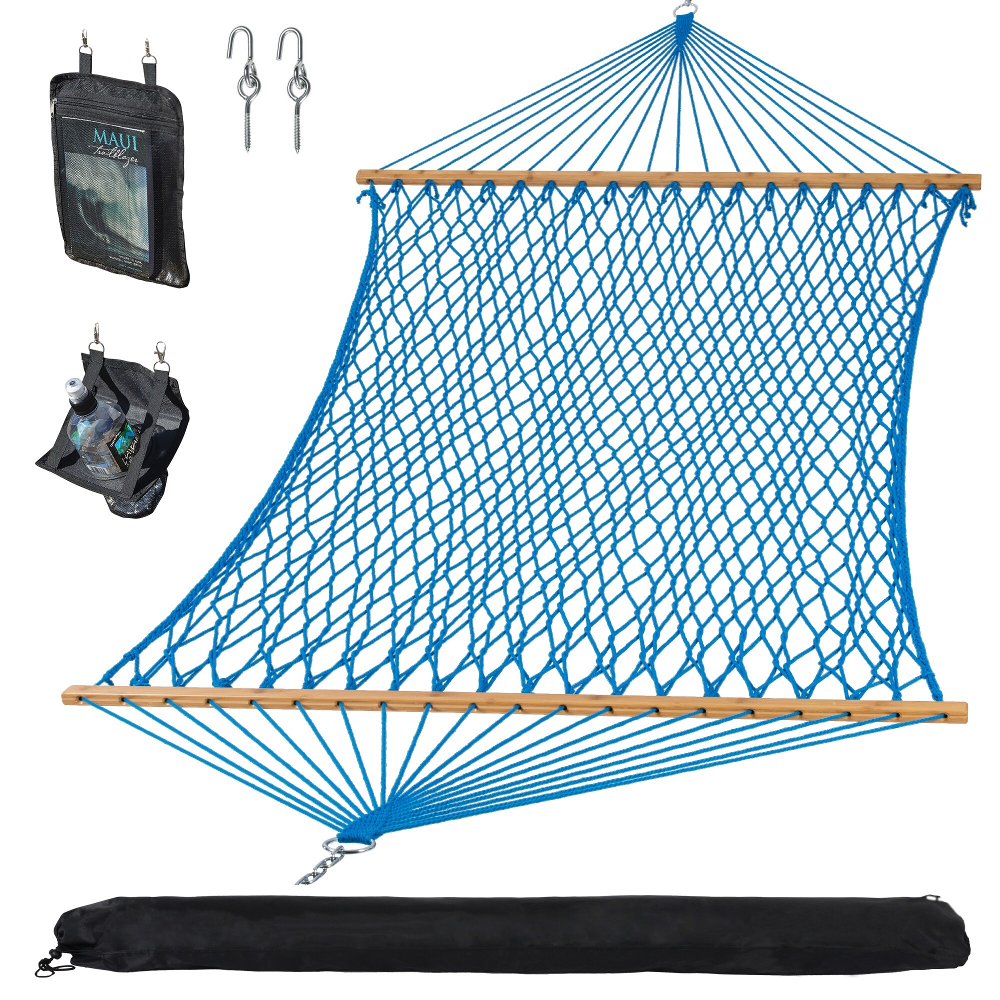 Traditional Rope Double Hammock with Hardwood Spreader Bar and Carrying Bag, 450 lbs Capacity