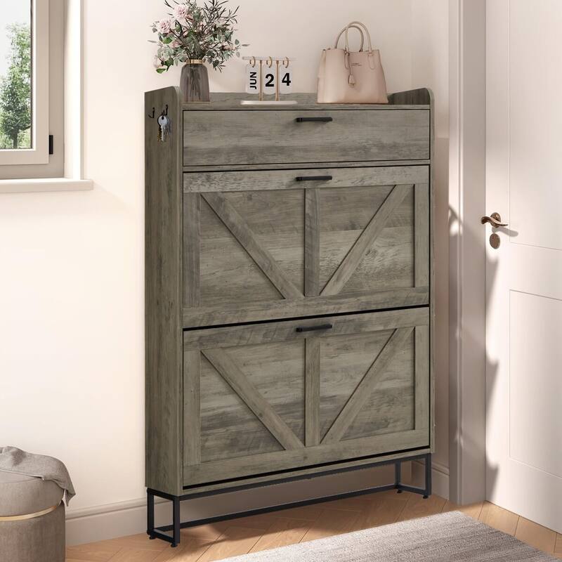 AVAWING Freestanding Farmhouse Shoe Cabinet - 2 Flip Drawers & Adjustable Shelves, Entryway Slim Storage with Side Hooks.