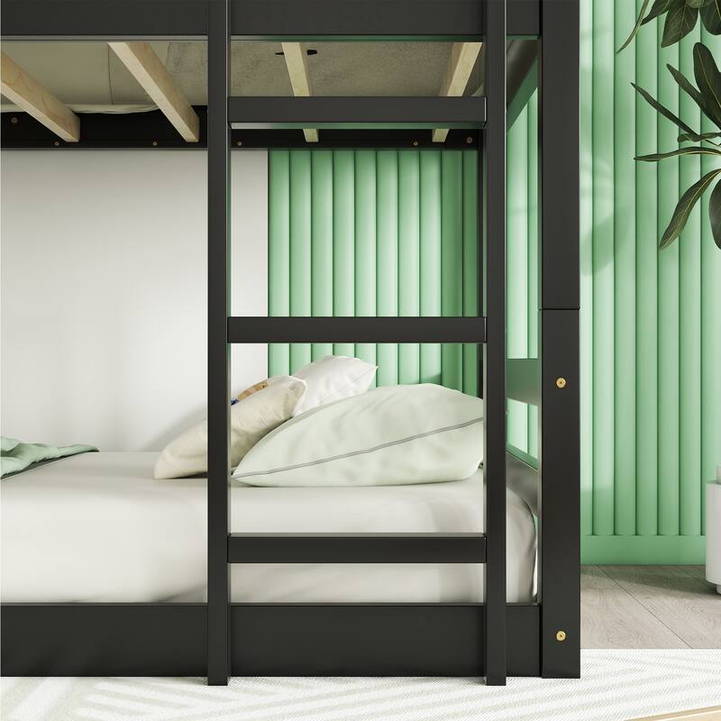Space-Saving Triple Twin Bunk Bed, Rubber Wood Construction, Detachable into Three Beds, with Guardrails