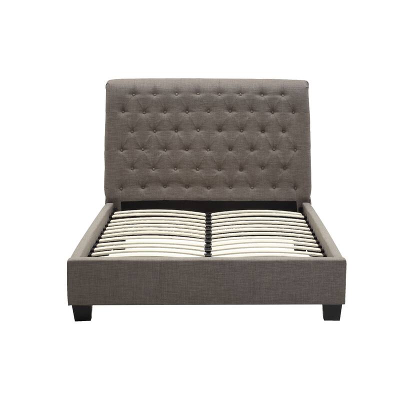 Rue Low Profile King Bed, Button Tufted Uphosltered Rolled Back, Gray