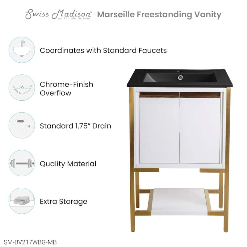 Marseille 24 In. White Bathroom Vanity With Black Ceramic Sink Top
