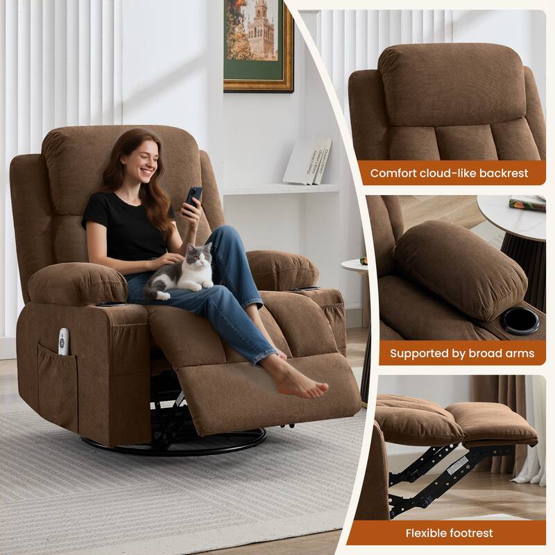 Swivel Rocker Recliner Chair with Vibration Massage & Heat, USB Port & Cup Holders for Living Room