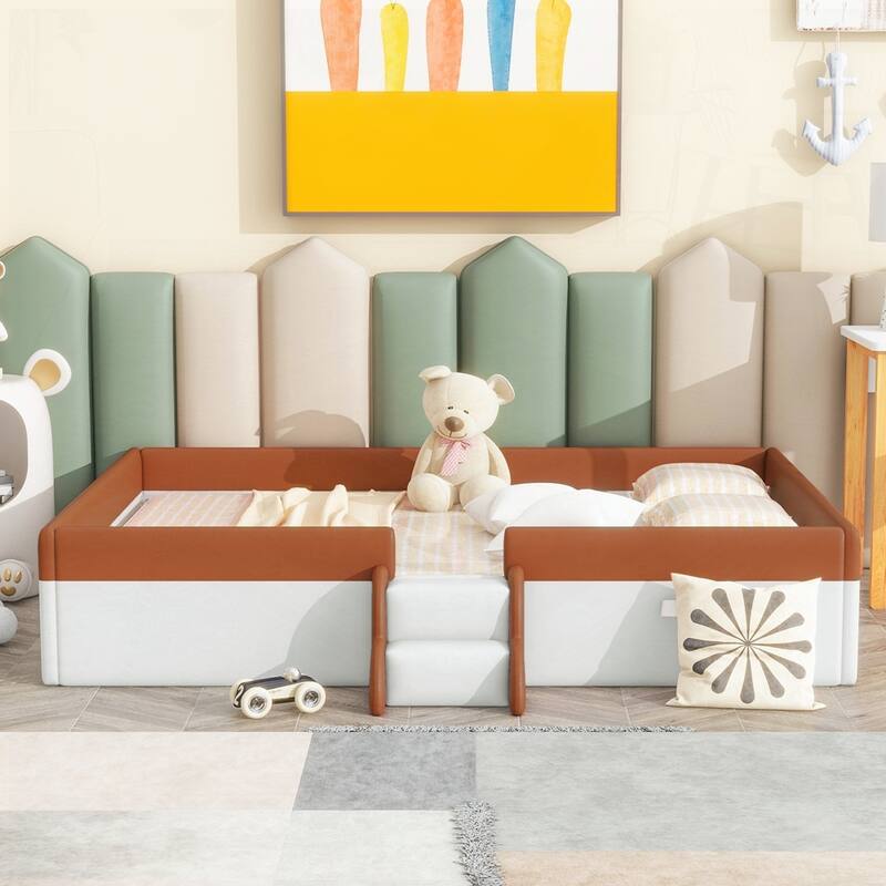 Upholstered Daybed Frame with Fence and Stairs