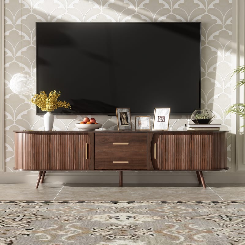 Rustic Dark Brown TV Stand Entertainment Center for up to 80 Inch TVs, Sliding Doors Media Cabinet TV Console with 2 Drawers