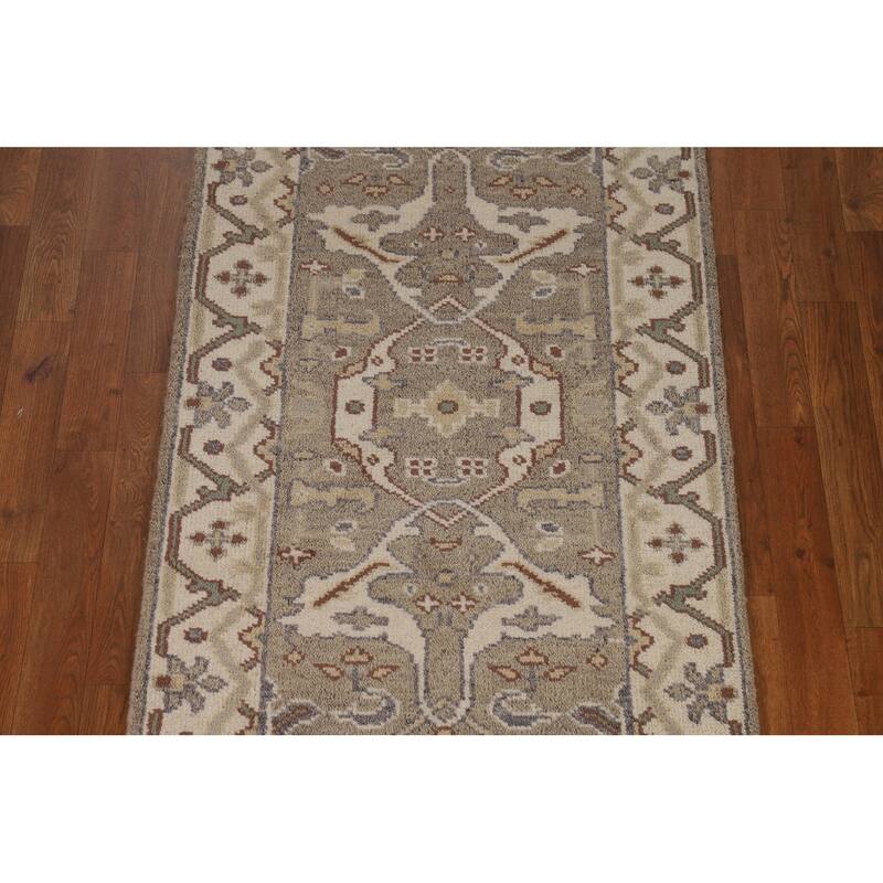 Hand Knotted Oriental 100% Wool Carpet Transitional All-Over Greys & Charcoal Oushak Runner Rug - 11' 9'' X 2' 8''