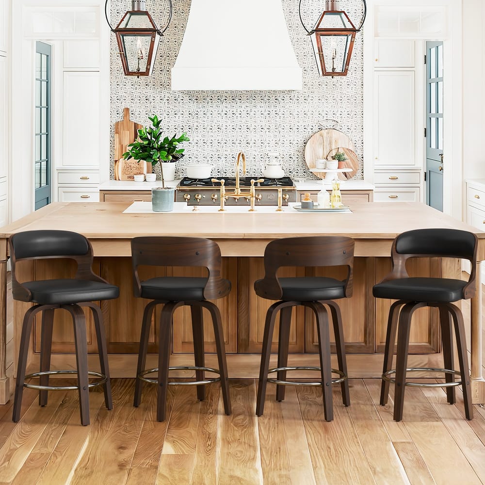 26.in Modern Set of 4 Leather Bar Stool Swivel Upholstered Hollow Back Counter Height Barstool with Wood Frame