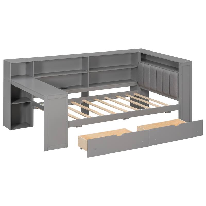 Wood Daybed Twin Size Platform Bed with Storage Shelves, Drawers, Charging Station, Desk, LED and Upholstered Cushion Headboard