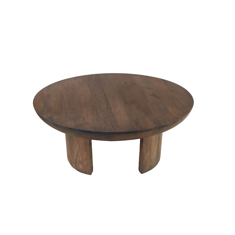 35 Inch Coffee Table, Handcrafted Round Mango Wood Top, Modern Curved Tripod Legs, Walnut Brown