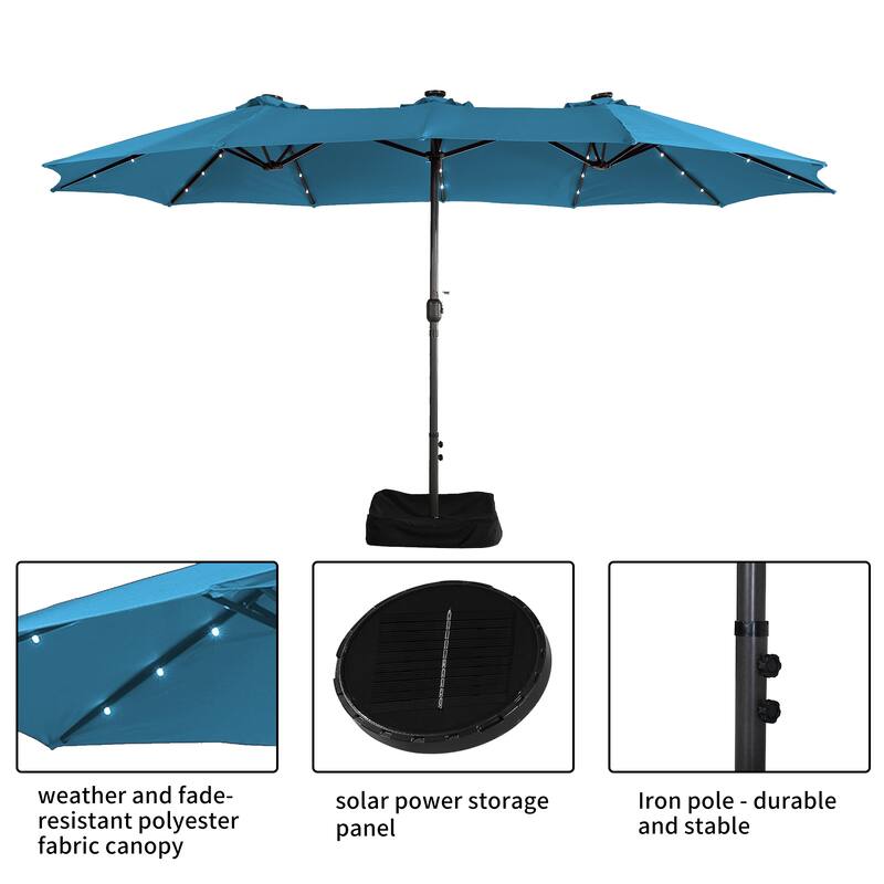 Clihome 15FT Double-Sided Solar Light Market Crank Umbrella with Base