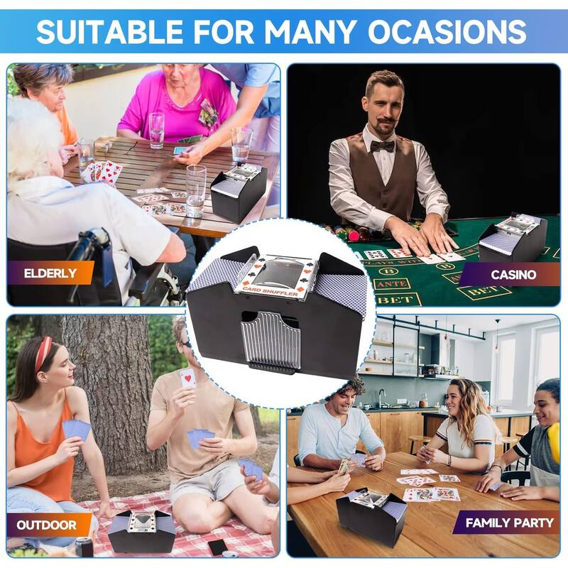 GSE™ 4-Deck Casino Automatic Card Shuffler, AC/DC-Power/Battery-Operated Electric Shuffler Machine for Card Games - Black