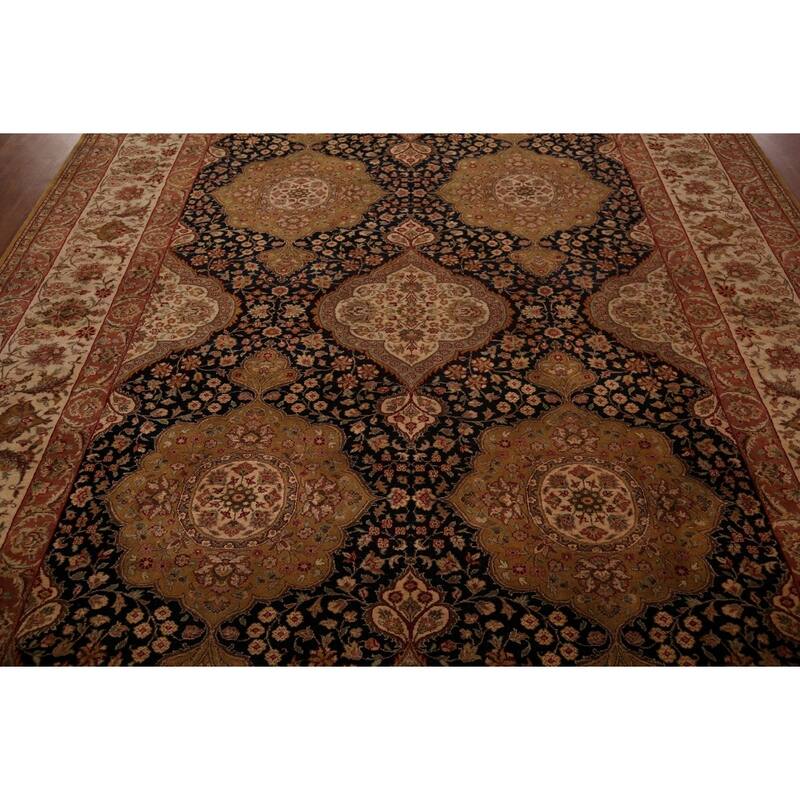 Black Floral Agra Oriental Area Rug Hand-Knotted Wool Carpet - 9'4" X 12'8"