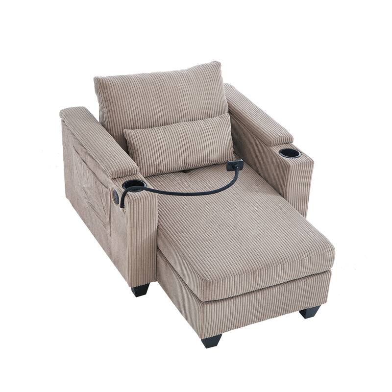 Corduroy Convertible Lounge Chaise with USB Ports, Cup Holders and Storage