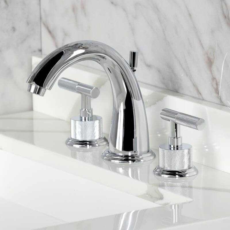 Kingston Brass Convergent Two-Handle 3-Hole Deck Mount Widespread Bathroom Faucet with Knurled Handle and Brass Pop-Up Drain