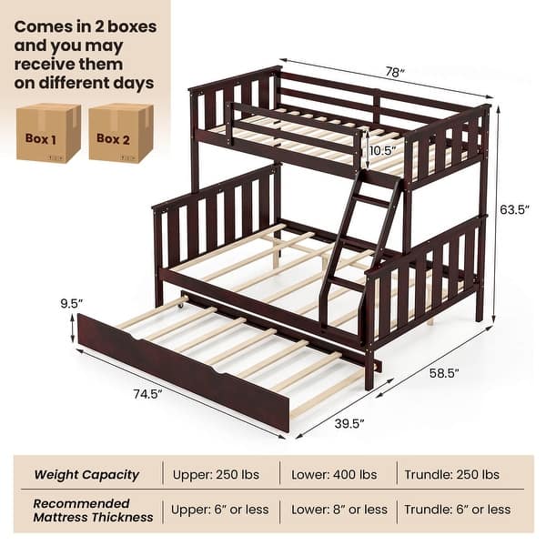 dimension image slide 1 of 2, Costway Twin Over Full Bunk Bed with Trundle Ladder Safety Guardrails - See Details