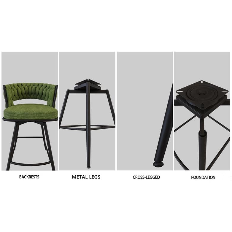 26" Bar Chair Linen Woven Bar Stool Set of 2, No Adjustable Kitchen Island Chairs, 360 Swivel Upholstered Bar Stools