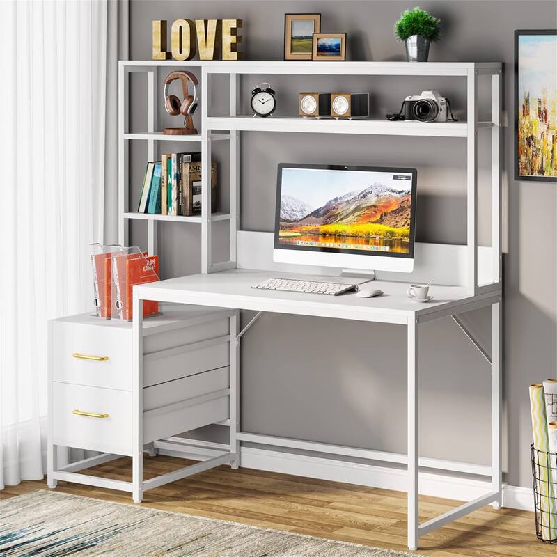 55" White Office Desk with Hutch