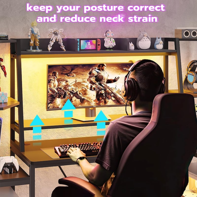 Gaming Desk LED Lights Hutch and Storage Shelves PC Gamer Desk