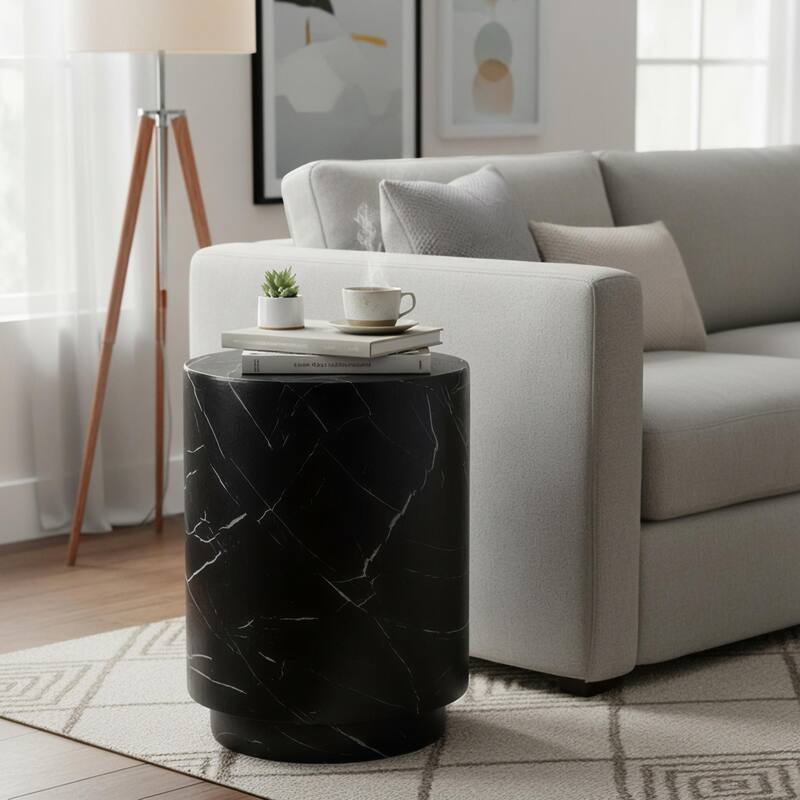 Ramble 14-inch Modern Fiberstone Round Side Table - Sculptural Tapered Pedestal Base End Table for Patio or Living Room