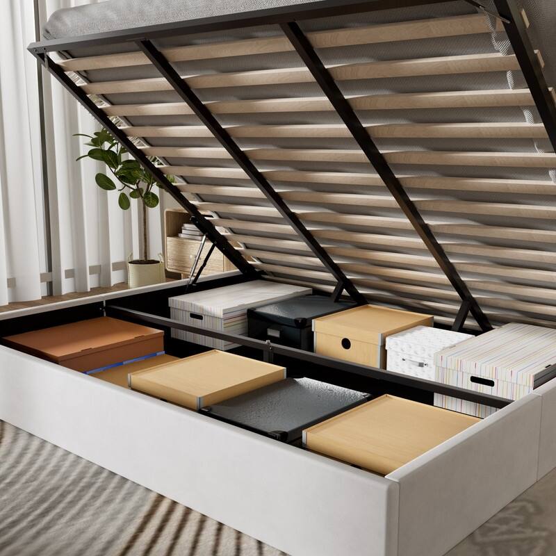 Plywood Frame Upholstered Platform Bed with Lift-up Storage Supported by Metal and Wooden Slats