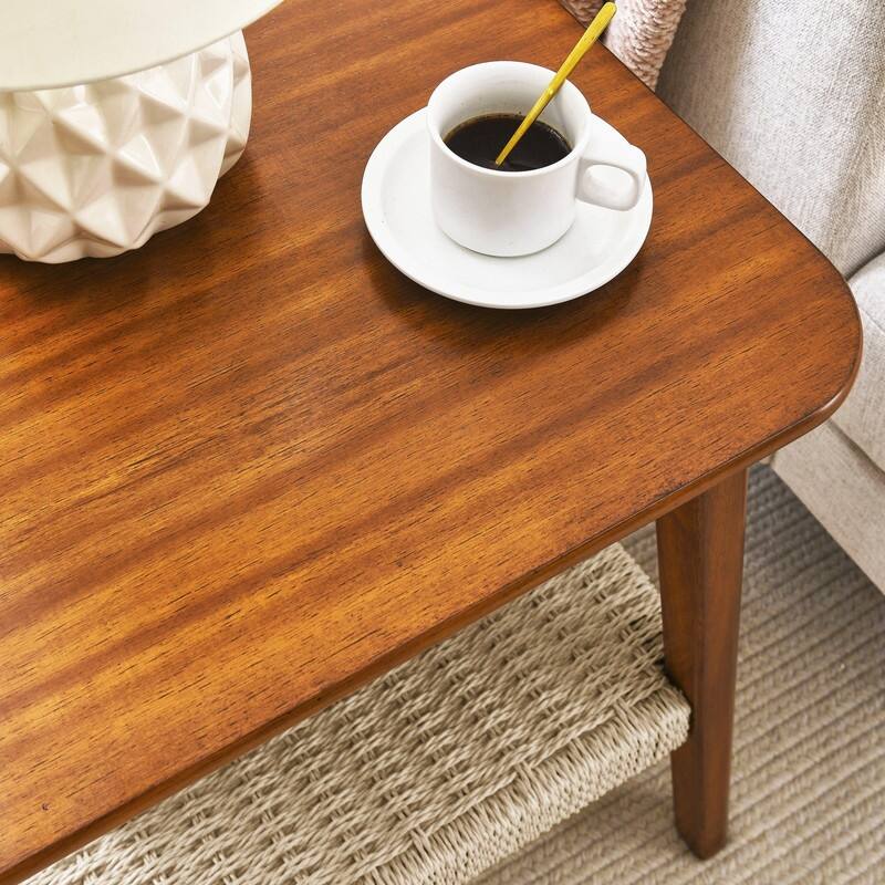 23" & 47.25" Mid-Century Boho Side Table & Coffee Table with Woven Storage Shelf