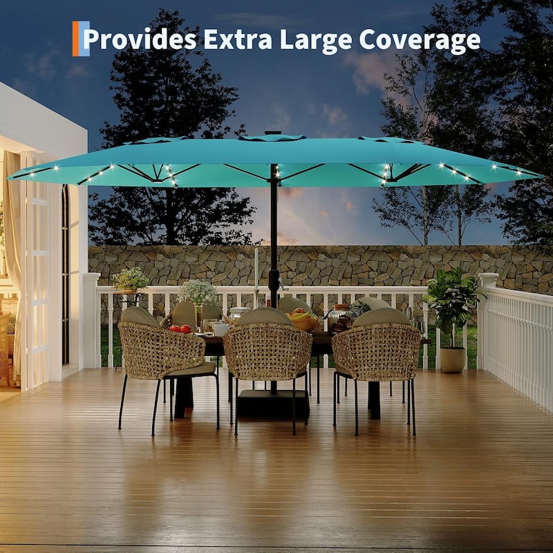 15FT Rectangular Patio Umbrella with Solar Lights & Base Included - Large Patio Umbrella with Crank Handle, UV