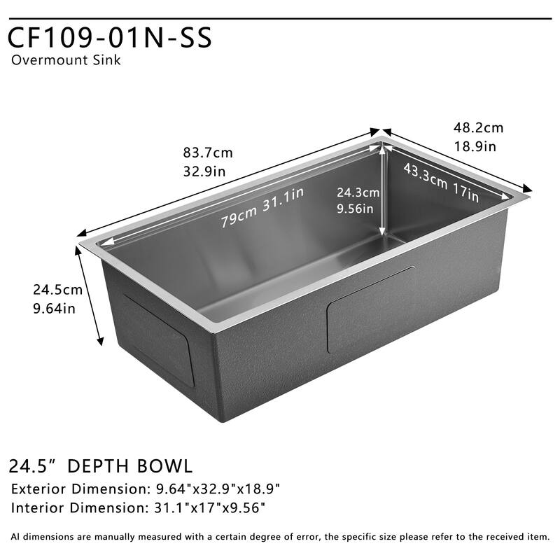 32.9 in. Undermount Single Bowl Stainless Steel Kitchen Sink - 32.9" L×18.9" W× 9.64" H