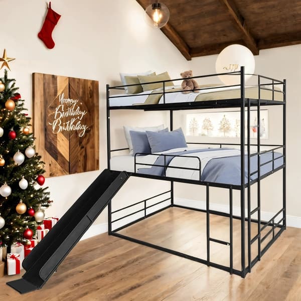 slide 2 of 6, Twin Size House Loft Bed with Slide and Ladder,Sturdy Frame,Black