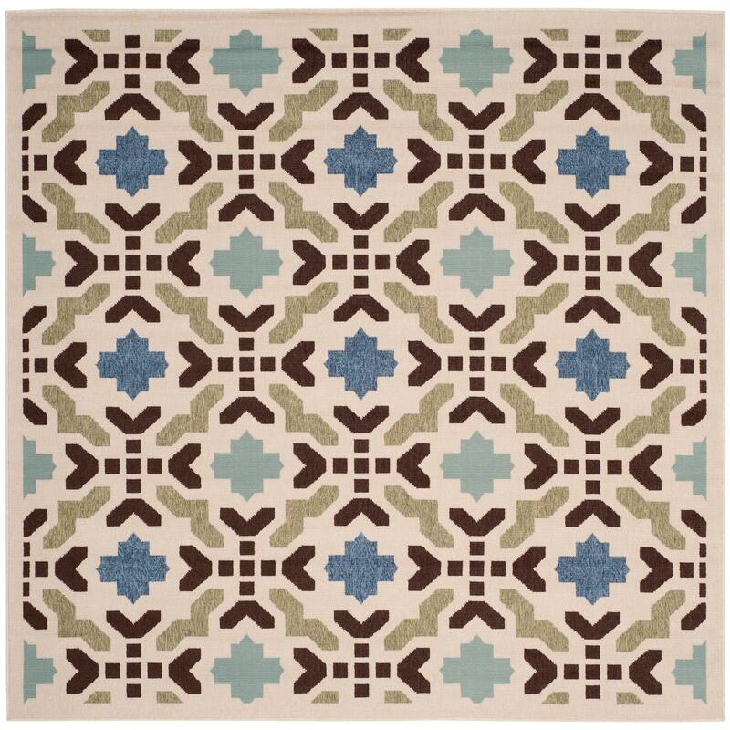 SAFAVIEH Veranda Ranu Indoor/ Outdoor Waterproof Patio Backyard Rug - 6'7" Square - Cream/Aqua