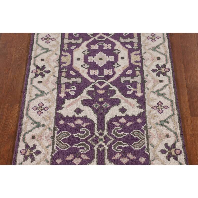 Purple & Ivory Oushak Indian Runner Rug Handmade Wool Carpet - 2'7"x 8'1"