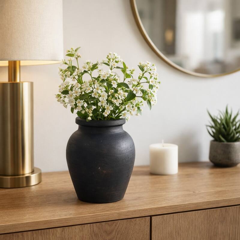 Decorative Round Pottery Vase - Rustic Boho Flower Vase