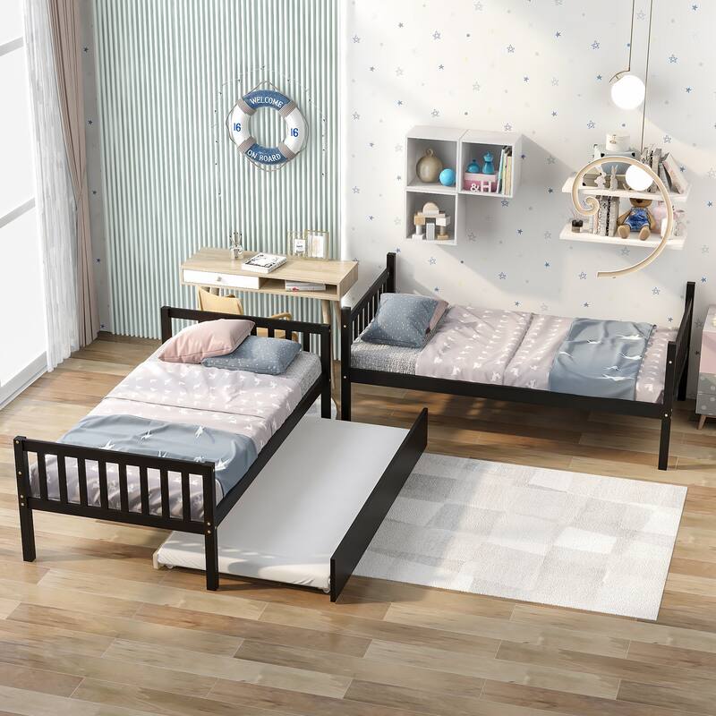 Twin/Full Size Bunk Bed with Trundle, Convertible to 2 Platform Bed