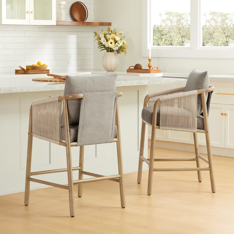 Lynn Counter Height Bar Stool with Braid Wood Arm Set of 2 - Set of 2 - Beige