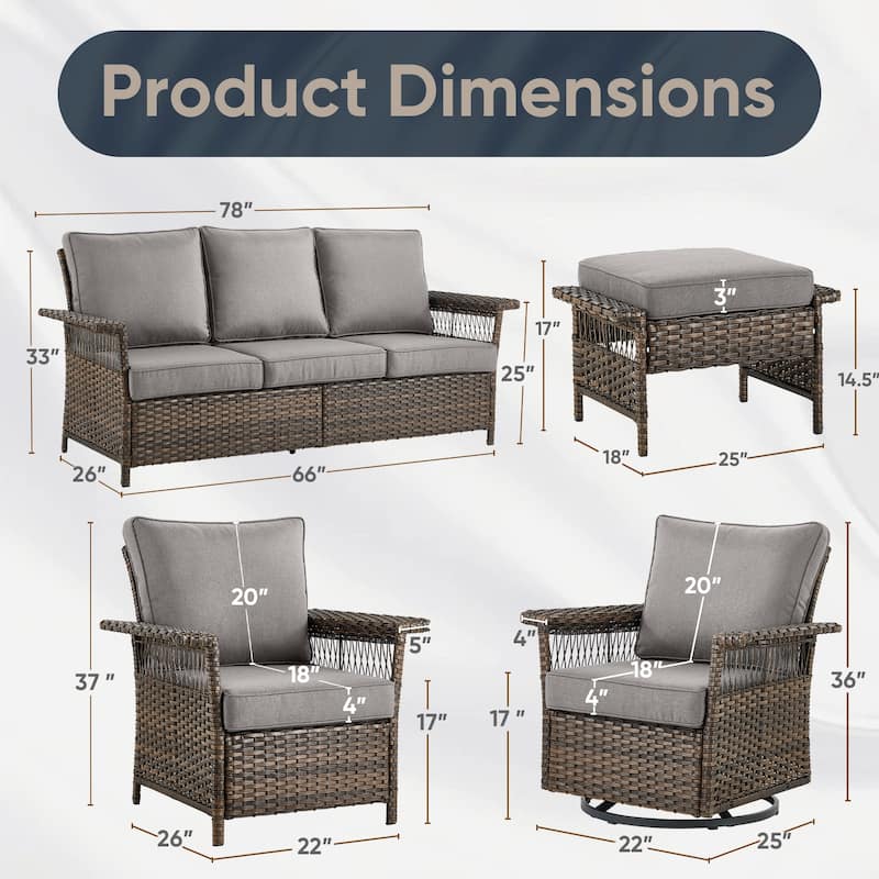 Pocassy Outdoor Swivel Chairs with Sofa Chair Ottoman and Table Set