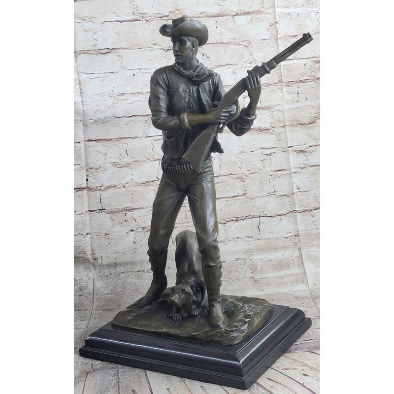 Signed Original Aldo Vitaleh Cowboy W/ Gun And His Imitative Dog Bronze Sculpture Statue