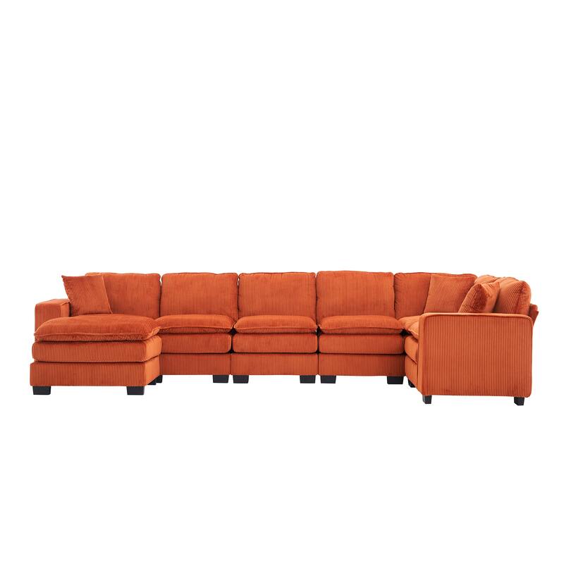 Modern U Shaped 6-seat Sectional Corduroy Sofa Couch with one Ottoman and three toss pillows ,Modular Sofa for Living Room